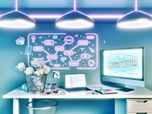 Moderner Arbeitsplatz mit Laptop, Notizbuch, Textmarker, digitaler To-Do-Liste und großer Mindmap am Monitor. Mülleimer mit zerknüllten Seiten, darauf Wörter wie 'Blabla' und 'Keyword-Stuffing'.