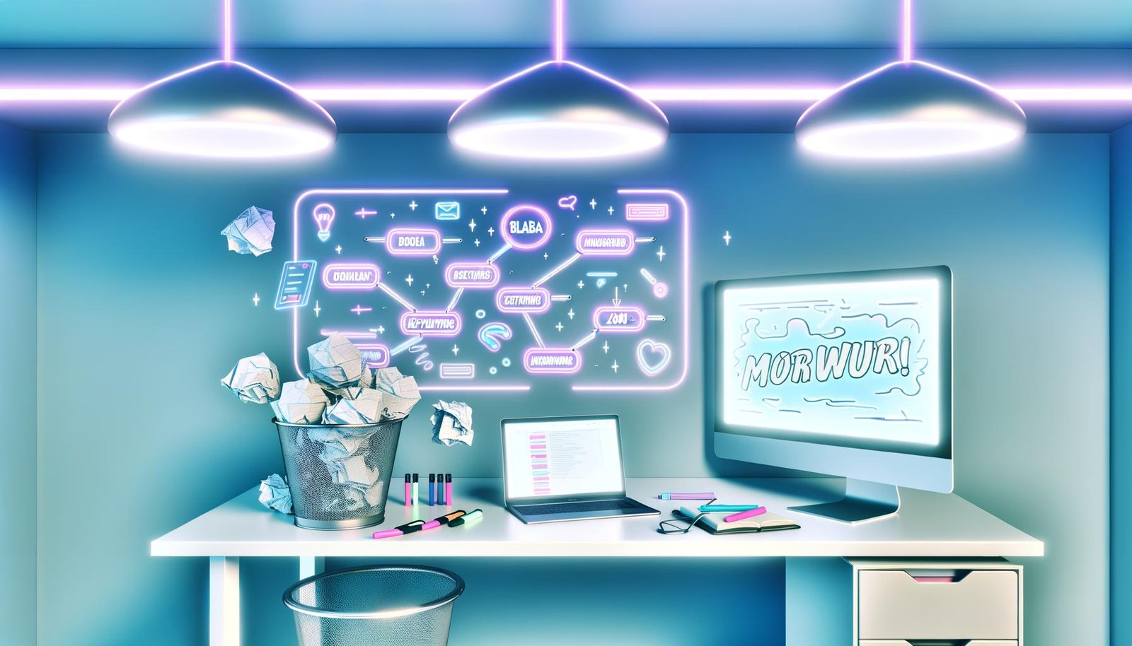 Moderner Arbeitsplatz mit Laptop, Notizbuch, Textmarker, digitaler To-Do-Liste und großer Mindmap am Monitor. Mülleimer mit zerknüllten Seiten, darauf Wörter wie 'Blabla' und 'Keyword-Stuffing'.