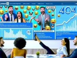Erfolgreiche B2B-Marketer im Business-Outfit teilen und lachen über Memes in einem LinkedIn-Feed, umgeben von schwebenden Meme-Snippets, Emojis und modernen Analytik-Grafiken vor blauem, grafischen Hintergrund.