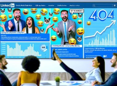 Erfolgreiche B2B-Marketer im Business-Outfit teilen und lachen über Memes in einem LinkedIn-Feed, umgeben von schwebenden Meme-Snippets, Emojis und modernen Analytik-Grafiken vor blauem, grafischen Hintergrund.