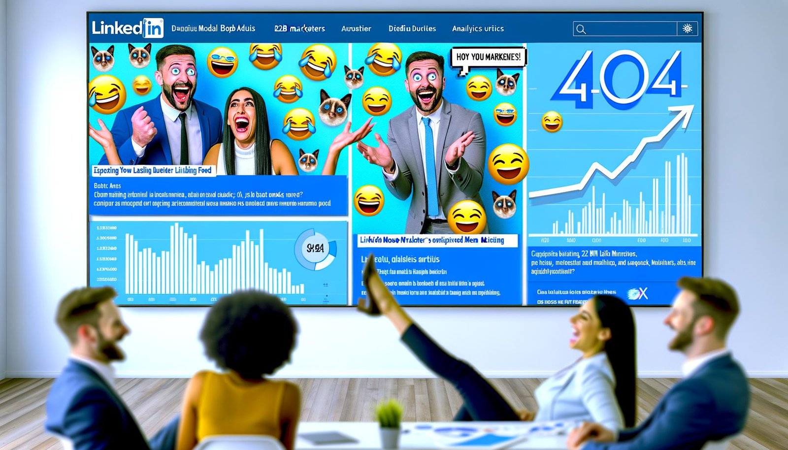 Erfolgreiche B2B-Marketer im Business-Outfit teilen und lachen über Memes in einem LinkedIn-Feed, umgeben von schwebenden Meme-Snippets, Emojis und modernen Analytik-Grafiken vor blauem, grafischen Hintergrund.