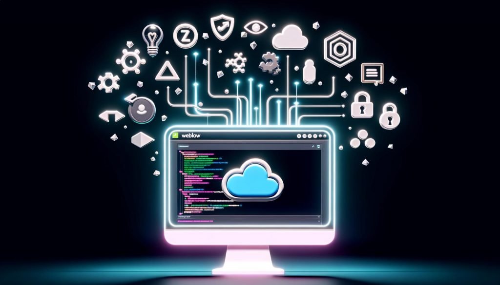 Stilisierter Monitor mit geöffnetem Webflow-Webhooks-Panel, Datenströme zu Symbolen für Zapier, n8n, Make und APIs, dazu Sicherheits-Icons vor dunklem, techy Hintergrund.