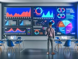 Marketer im futuristischen Büro analysiert KPI-Dashboards mit bunten Diagrammen, modernen Tracking-Tools und Augmented-Reality-Technologie.