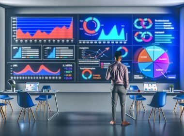Marketer im futuristischen Büro analysiert KPI-Dashboards mit bunten Diagrammen, modernen Tracking-Tools und Augmented-Reality-Technologie.