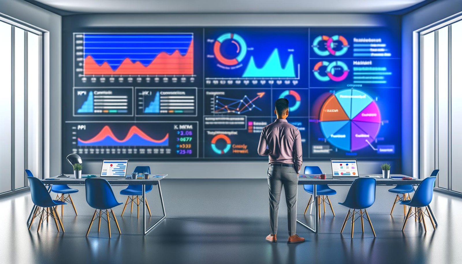 Marketer im futuristischen Büro analysiert KPI-Dashboards mit bunten Diagrammen, modernen Tracking-Tools und Augmented-Reality-Technologie.