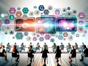 Futuristisches Marketing-Setting mit digitalem Dashboard, Datenvisualisierungen und Marketers an Laptops, umgeben von klassischen und digitalen Medien.