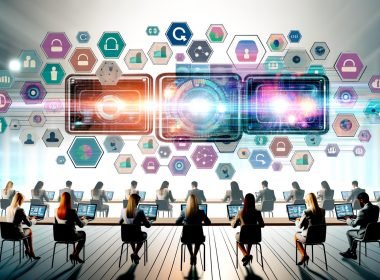 Futuristisches Marketing-Setting mit digitalem Dashboard, Datenvisualisierungen und Marketers an Laptops, umgeben von klassischen und digitalen Medien.
