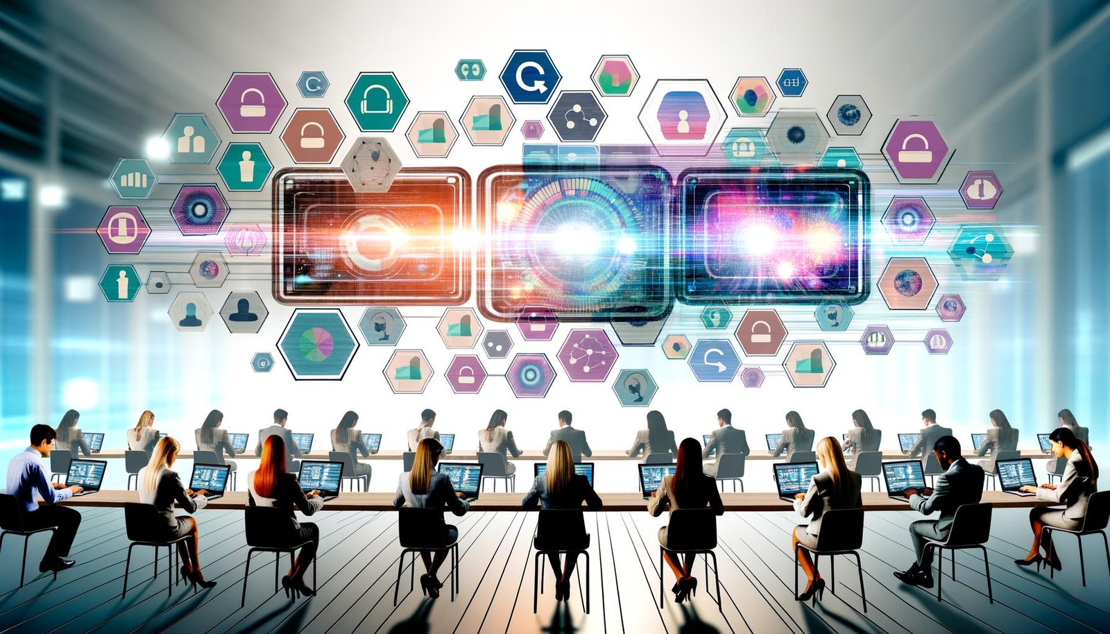 Futuristisches Marketing-Setting mit digitalem Dashboard, Datenvisualisierungen und Marketers an Laptops, umgeben von klassischen und digitalen Medien.