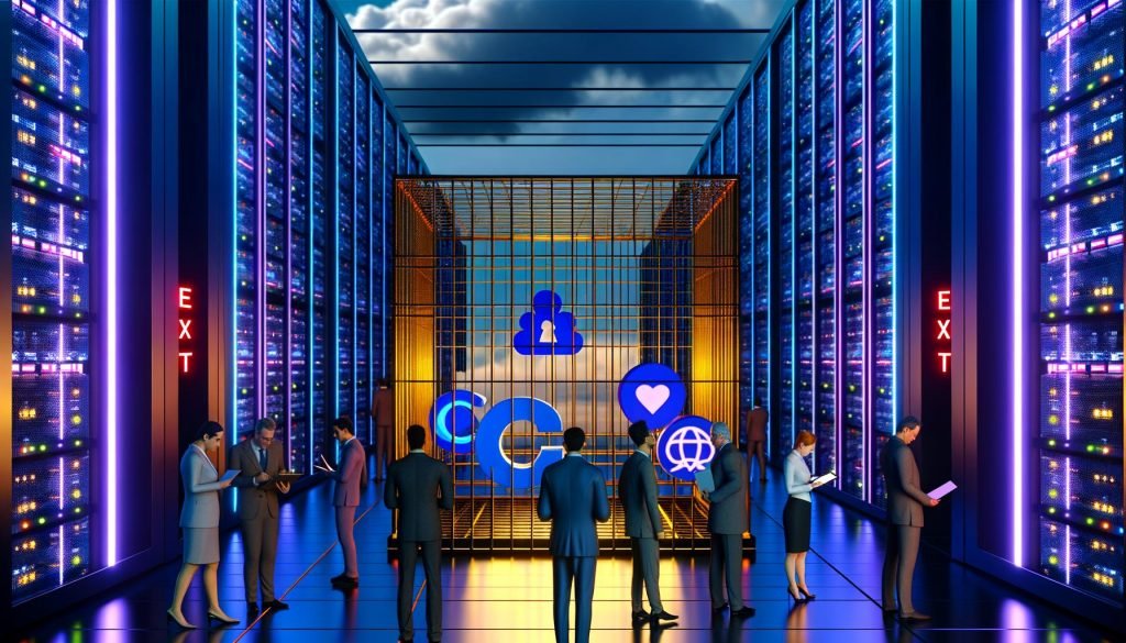 Geschäftsleute und IT-Profis vor einem goldenen Käfig im Rechenzentrum, der große Tech-Logos von Microsoft, Google, Amazon, Apple und Meta einschließt. EXIT-Zeichen leuchtet im Hintergrund.