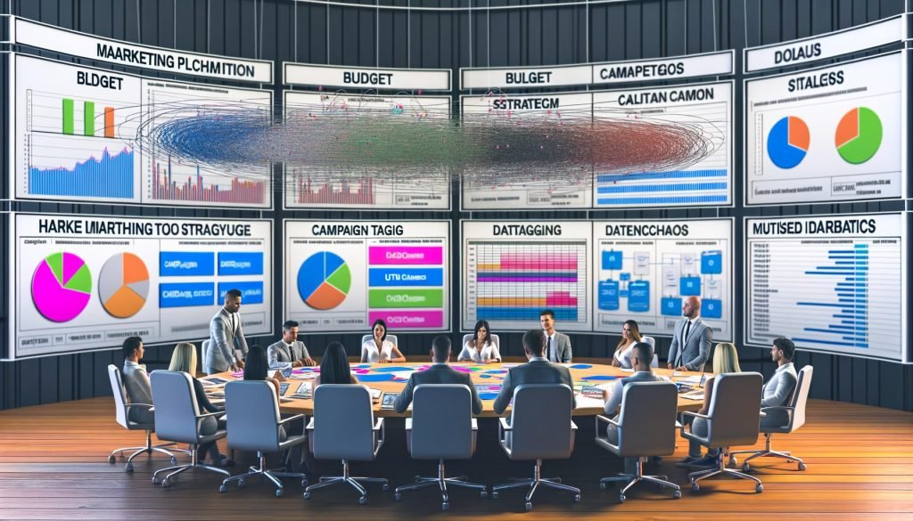 Marketing War Room mit digitalen Bildschirmen, gestressten Agenturmitarbeitern, Papieren mit Budget und Strategie, sowie klaren Tracking-Frameworks an der Wand.