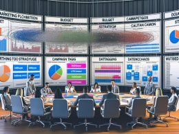Marketing War Room mit digitalen Bildschirmen, gestressten Agenturmitarbeitern, Papieren mit Budget und Strategie, sowie klaren Tracking-Frameworks an der Wand.
