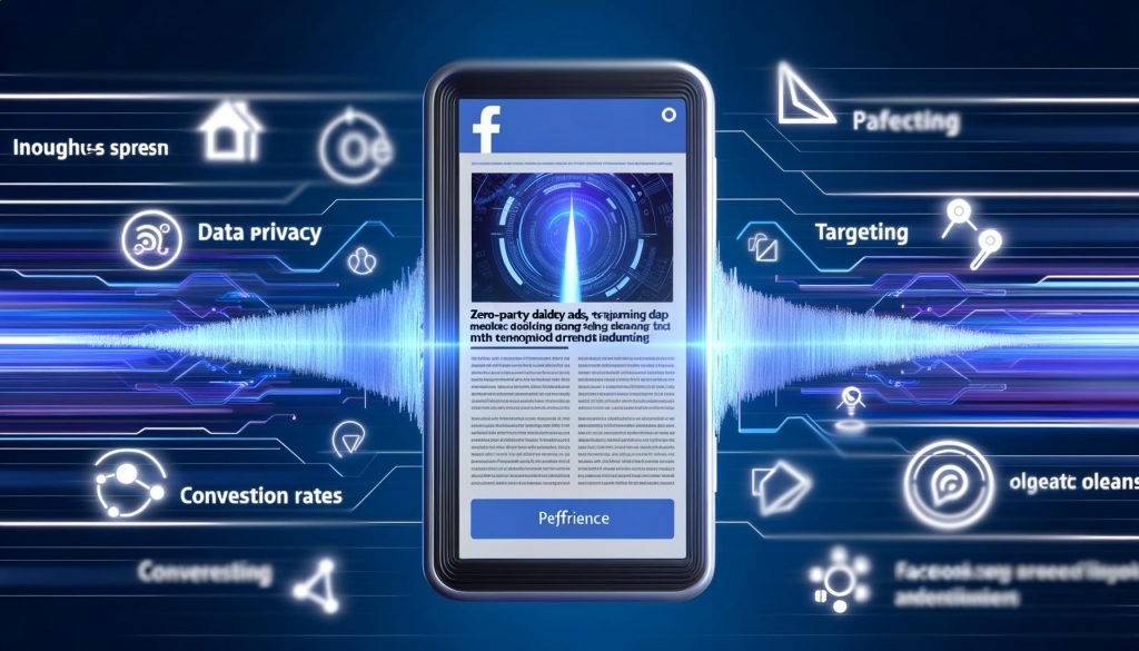 Smartphone mit Facebook-Instant-Artikel und Werbeanzeige, inklusive Umfragen und Preference-Panel, visualisiert von Datenströmen und Icons zu Datenschutz, Targeting und Conversion auf digital-blauem Hintergrund.