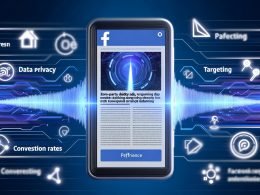 Smartphone mit Facebook-Instant-Artikel und Werbeanzeige, inklusive Umfragen und Preference-Panel, visualisiert von Datenströmen und Icons zu Datenschutz, Targeting und Conversion auf digital-blauem Hintergrund.