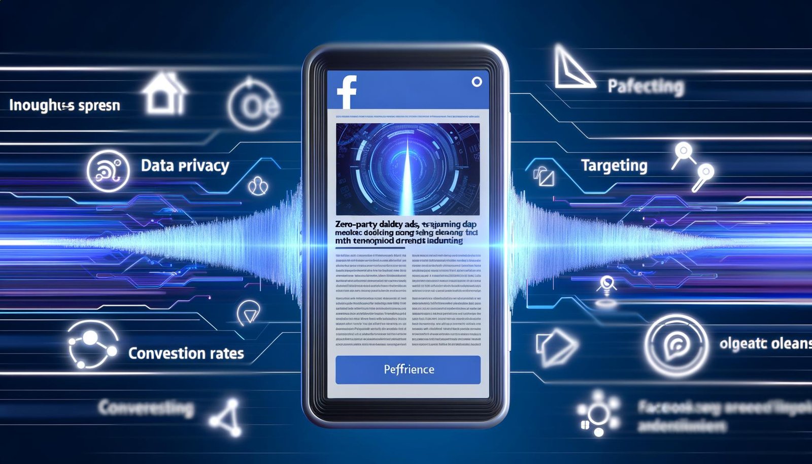 Smartphone mit Facebook-Instant-Artikel und Werbeanzeige, inklusive Umfragen und Preference-Panel, visualisiert von Datenströmen und Icons zu Datenschutz, Targeting und Conversion auf digital-blauem Hintergrund.