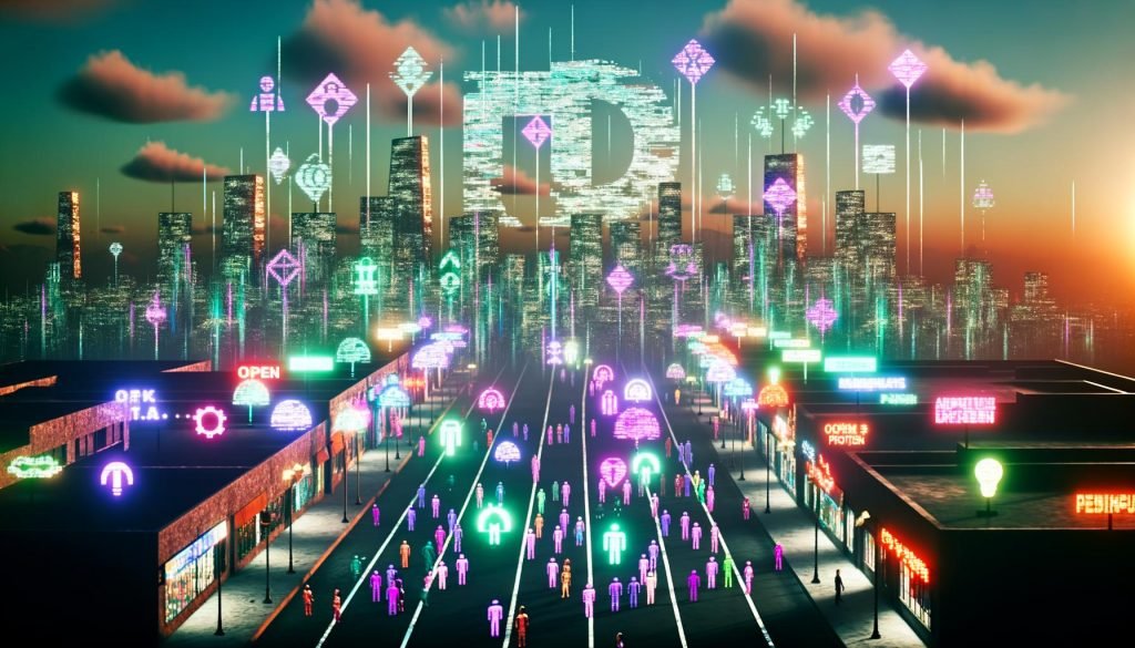 Futuristische Stadtansicht 2035 bei Sonnenaufgang mit zerbrochenen Logos ehemaliger Technologiekonzerne und vielfältigen Nutzern, die offene, dezentrale Anwendungen verwenden.