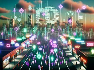 Futuristische Stadtansicht 2035 bei Sonnenaufgang mit zerbrochenen Logos ehemaliger Technologiekonzerne und vielfältigen Nutzern, die offene, dezentrale Anwendungen verwenden.