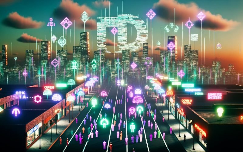 Futuristische Stadtansicht 2035 bei Sonnenaufgang mit zerbrochenen Logos ehemaliger Technologiekonzerne und vielfältigen Nutzern, die offene, dezentrale Anwendungen verwenden.