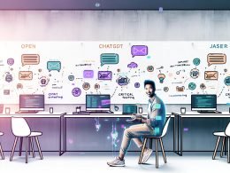Marketer sitzt an Schreibtisch mit diversen digitalen Geräten, mehreren laufenden KI-Tools auf Bildschirmen, Whiteboard mit bunten Notizen im Hintergrund und schwebenden E-Mail-Icons – kreative, energiegeladene Redaktionsszene.