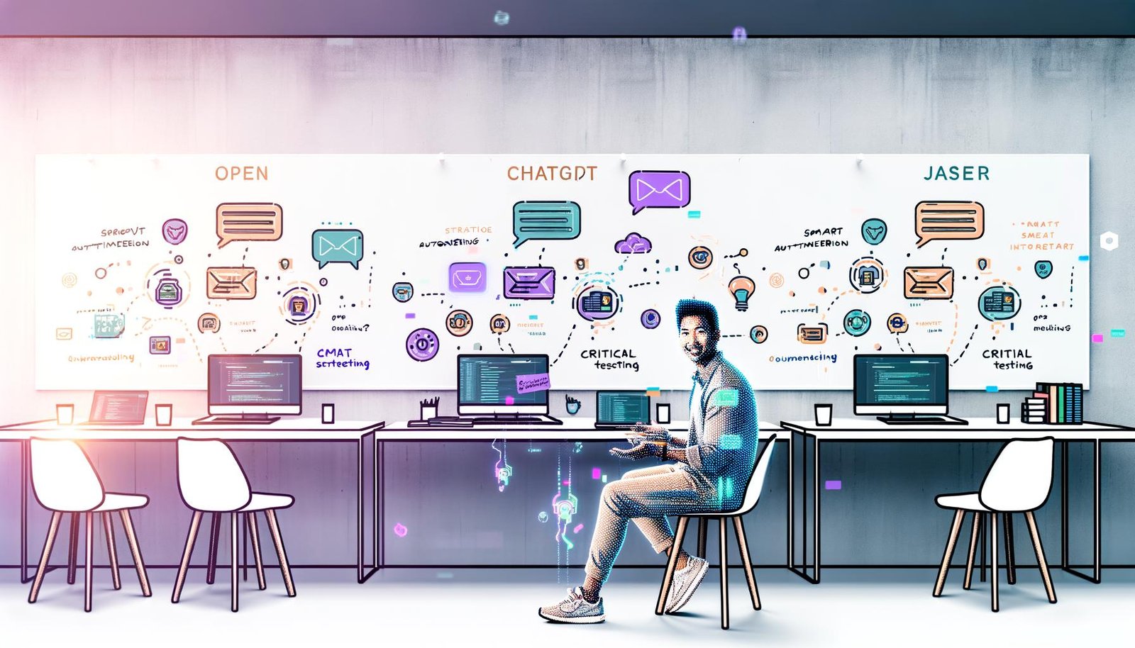 Marketer sitzt an Schreibtisch mit diversen digitalen Geräten, mehreren laufenden KI-Tools auf Bildschirmen, Whiteboard mit bunten Notizen im Hintergrund und schwebenden E-Mail-Icons – kreative, energiegeladene Redaktionsszene.