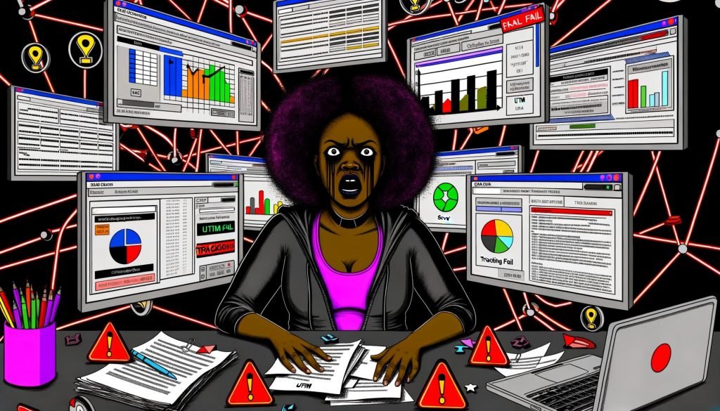 Illustration eines gestressten digitalen Marketers umgeben von chaotischen Bildschirmen, Analytics-Dashboards, Fehlermeldungen und Tracking-Dokumenten.