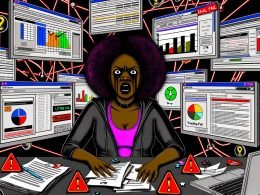 Illustration eines gestressten digitalen Marketers umgeben von chaotischen Bildschirmen, Analytics-Dashboards, Fehlermeldungen und Tracking-Dokumenten.