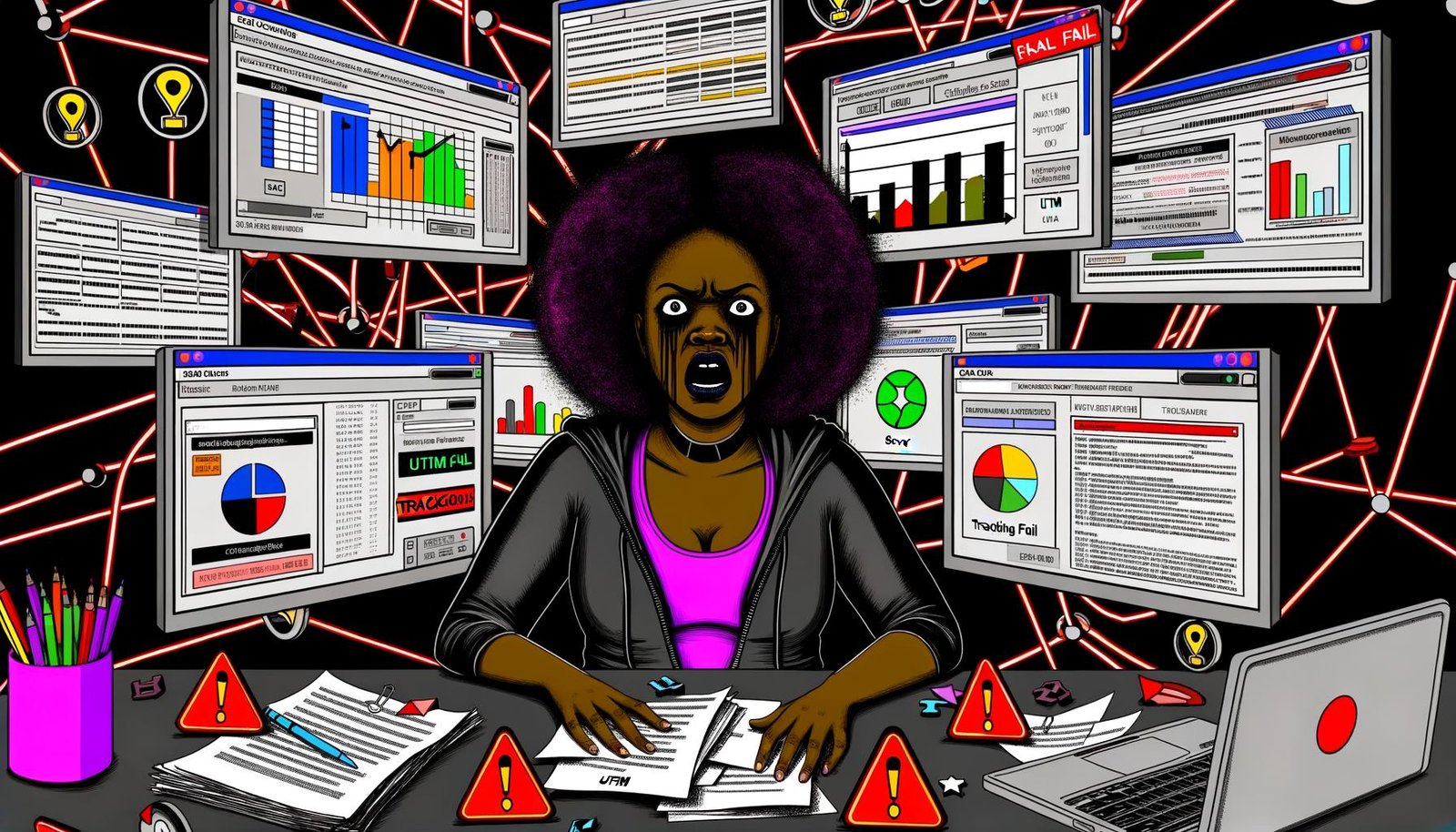 Illustration eines gestressten digitalen Marketers umgeben von chaotischen Bildschirmen, Analytics-Dashboards, Fehlermeldungen und Tracking-Dokumenten.