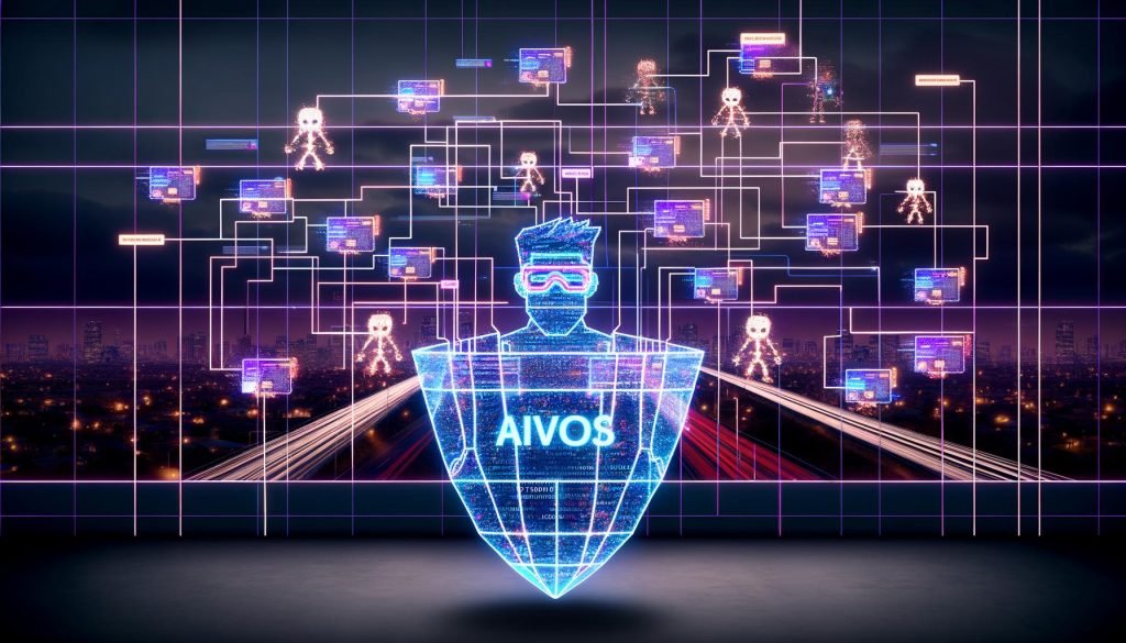 Futuristische Editorial Illustration eines Marketers mit digitalen Schutzbrillen, der inmitten einer leuchtenden Stadt voller Werbeanzeigen und holografischer Banner gegen schattenhafte Ad-Fraud-Bots kämpft, unterstützt von KI-Algorithmen.