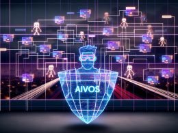 Futuristische Editorial Illustration eines Marketers mit digitalen Schutzbrillen, der inmitten einer leuchtenden Stadt voller Werbeanzeigen und holografischer Banner gegen schattenhafte Ad-Fraud-Bots kämpft, unterstützt von KI-Algorithmen.