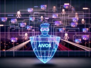 Futuristische Editorial Illustration eines Marketers mit digitalen Schutzbrillen, der inmitten einer leuchtenden Stadt voller Werbeanzeigen und holografischer Banner gegen schattenhafte Ad-Fraud-Bots kämpft, unterstützt von KI-Algorithmen.