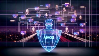 Futuristische Editorial Illustration eines Marketers mit digitalen Schutzbrillen, der inmitten einer leuchtenden Stadt voller Werbeanzeigen und holografischer Banner gegen schattenhafte Ad-Fraud-Bots kämpft, unterstützt von KI-Algorithmen.