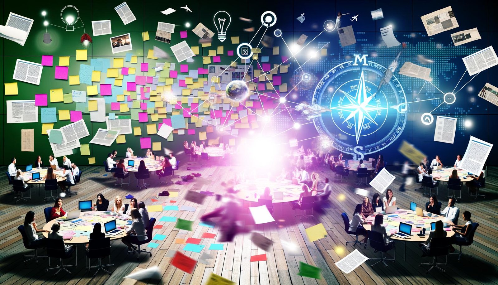 Chaotisches Großraumbüro mit Post-its, Laptops, digitalen Inhalten und einem leuchtenden Kompass als Symbol für Struktur im Content-Workflow.