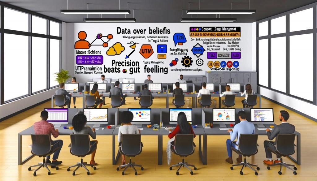 Dynamische Illustration eines professionellen Büros, Marketing- und Datenexperten arbeiten fokussiert an digitalen Analysen, im Vordergrund Icons für Analytics, Tag-Management, Consent-Banner; im Hintergrund ein Statement zur datenbasierten Entscheidungsfindung.