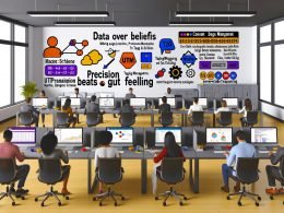 Dynamische Illustration eines professionellen Büros, Marketing- und Datenexperten arbeiten fokussiert an digitalen Analysen, im Vordergrund Icons für Analytics, Tag-Management, Consent-Banner; im Hintergrund ein Statement zur datenbasierten Entscheidungsfindung.