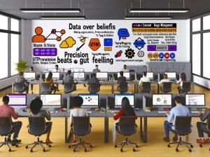 Dynamische Illustration eines professionellen Büros, Marketing- und Datenexperten arbeiten fokussiert an digitalen Analysen, im Vordergrund Icons für Analytics, Tag-Management, Consent-Banner; im Hintergrund ein Statement zur datenbasierten Entscheidungsfindung.
