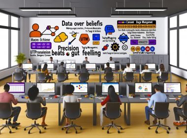Dynamische Illustration eines professionellen Büros, Marketing- und Datenexperten arbeiten fokussiert an digitalen Analysen, im Vordergrund Icons für Analytics, Tag-Management, Consent-Banner; im Hintergrund ein Statement zur datenbasierten Entscheidungsfindung.