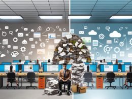 Gegenüberstellung eines überfüllten, papierlastigen PR-Büros mit einem modernen, digitalen Arbeitsplatz mit Automatisierung und Teamarbeit.