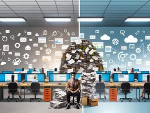 Gegenüberstellung eines überfüllten, papierlastigen PR-Büros mit einem modernen, digitalen Arbeitsplatz mit Automatisierung und Teamarbeit.