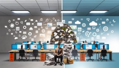 Gegenüberstellung eines überfüllten, papierlastigen PR-Büros mit einem modernen, digitalen Arbeitsplatz mit Automatisierung und Teamarbeit.