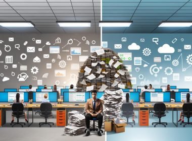 Gegenüberstellung eines überfüllten, papierlastigen PR-Büros mit einem modernen, digitalen Arbeitsplatz mit Automatisierung und Teamarbeit.