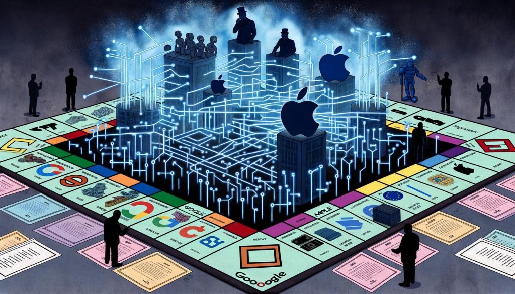 Monopoly-Brett mit Menschenfiguren, Festungen von Google, Apple, Amazon und Meta, digitale Netzwerke, Politiker am Rand, offene Systeme und Alternativen wie Open Source am Arbeitsplatz.