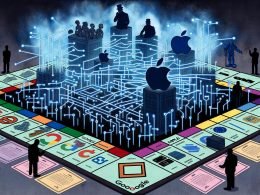 Monopoly-Brett mit Menschenfiguren, Festungen von Google, Apple, Amazon und Meta, digitale Netzwerke, Politiker am Rand, offene Systeme und Alternativen wie Open Source am Arbeitsplatz.
