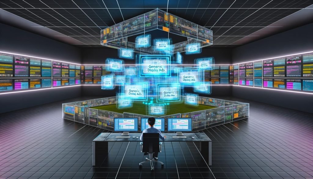 Futuristischer High-Tech-Kontrollraum mit 3D-Hologrammen von Google Display Ads, Arbeitsplatz mit transparenten Bildschirmen und immersiver XR-Technologie.