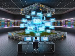 Futuristischer High-Tech-Kontrollraum mit 3D-Hologrammen von Google Display Ads, Arbeitsplatz mit transparenten Bildschirmen und immersiver XR-Technologie.