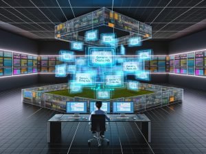 Futuristischer High-Tech-Kontrollraum mit 3D-Hologrammen von Google Display Ads, Arbeitsplatz mit transparenten Bildschirmen und immersiver XR-Technologie.