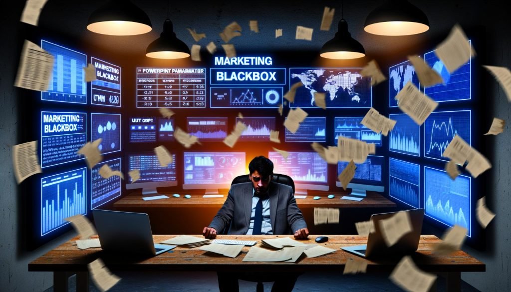Marketer im dunklen Büro vor mehreren Bildschirmen mit verworrenen Daten, Fehlermeldungen und herunterfallenden UTM-Tags