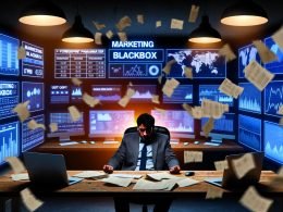 Marketer im dunklen Büro vor mehreren Bildschirmen mit verworrenen Daten, Fehlermeldungen und herunterfallenden UTM-Tags