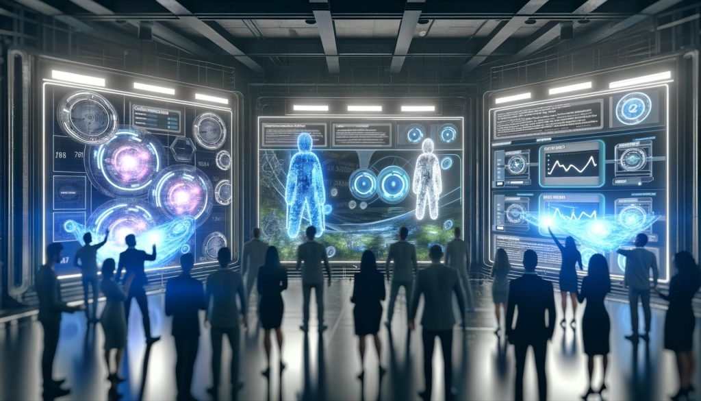 Diverse Marketers analysieren holografische Daten und AR-Elemente in einem futuristischen Maschinenraum mit komplexen Datenpipelines.