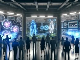 Diverse Marketers analysieren holografische Daten und AR-Elemente in einem futuristischen Maschinenraum mit komplexen Datenpipelines.
