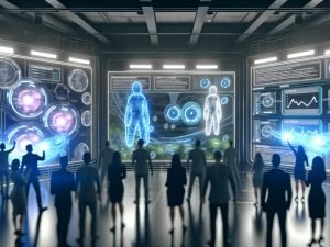 Diverse Marketers analysieren holografische Daten und AR-Elemente in einem futuristischen Maschinenraum mit komplexen Datenpipelines.