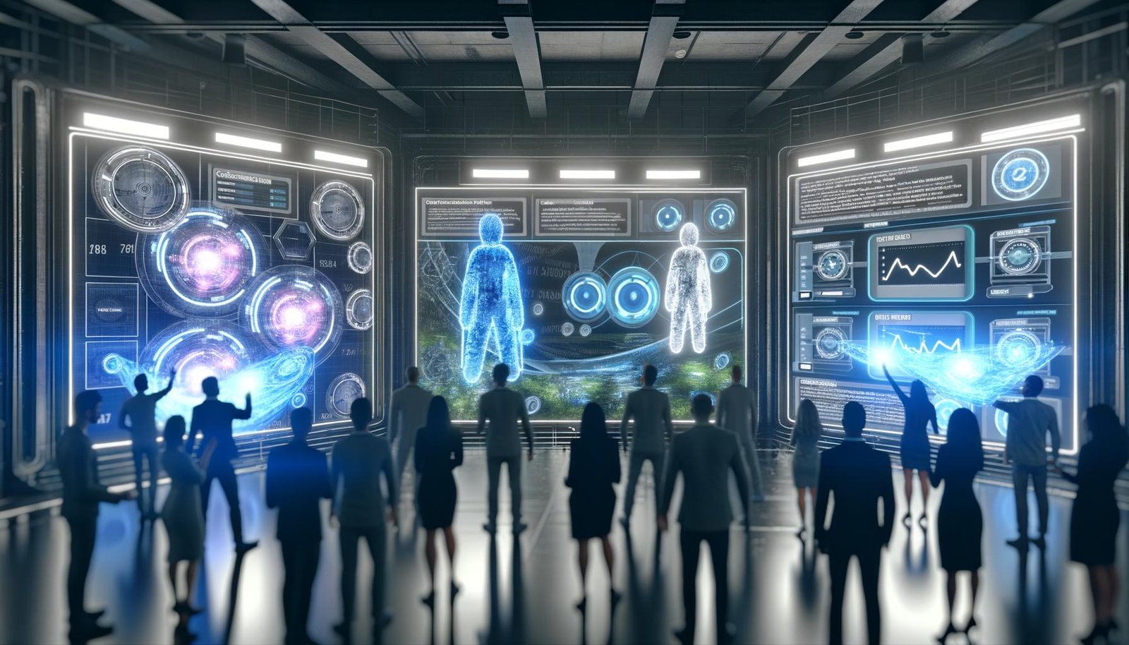 Diverse Marketers analysieren holografische Daten und AR-Elemente in einem futuristischen Maschinenraum mit komplexen Datenpipelines.